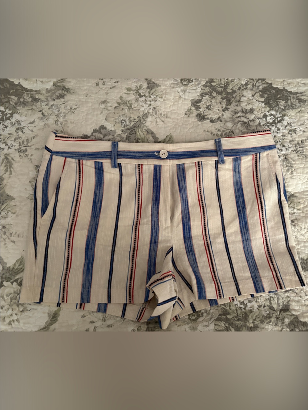 LOFT Cream Striped Shorts with Blue and Red Accents